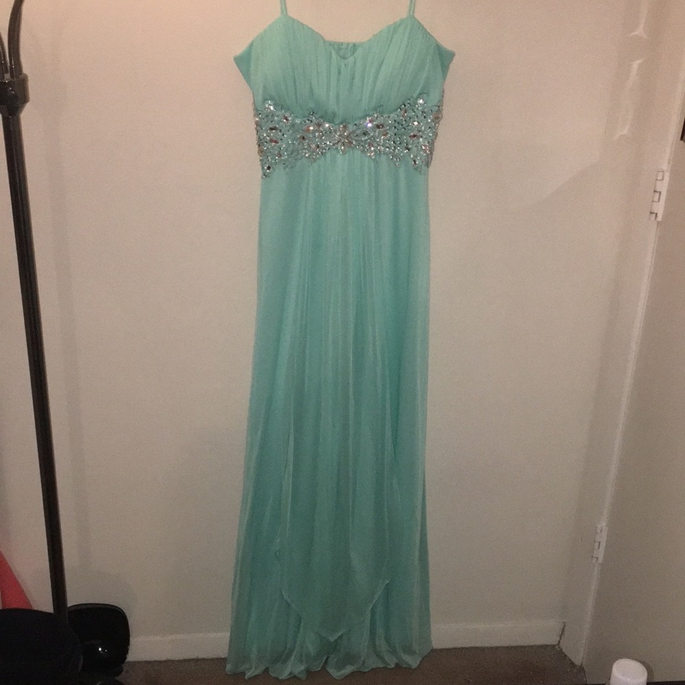 Prom dress, aqua with clear stones and embroidery